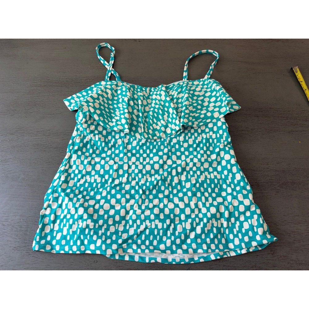 Catalina Teal White Polka Dot Ruffle Tankini Swim Top Womens Medium 8-10